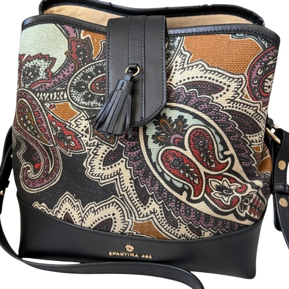 Spartina 449 Daufuskie Island Paisley Crossbody Bucket Bag Tassel Linen Leather